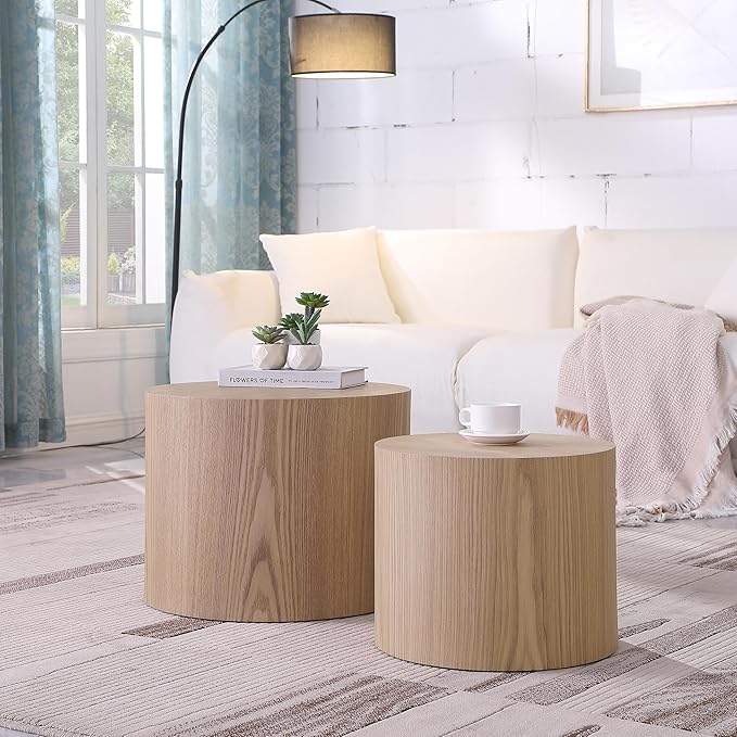 Small Round Coffee Table Nesting End Table Set of 2, Wood Side Circle Accent Tables for Small Spaces Living Room Bedroom Balcony Office, Oak