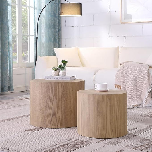 Small Round Coffee Table Nesting End Table Set of 2, Wood Side Circle Accent Tables for Small Spaces Living Room Bedroom Balcony Office, Oak