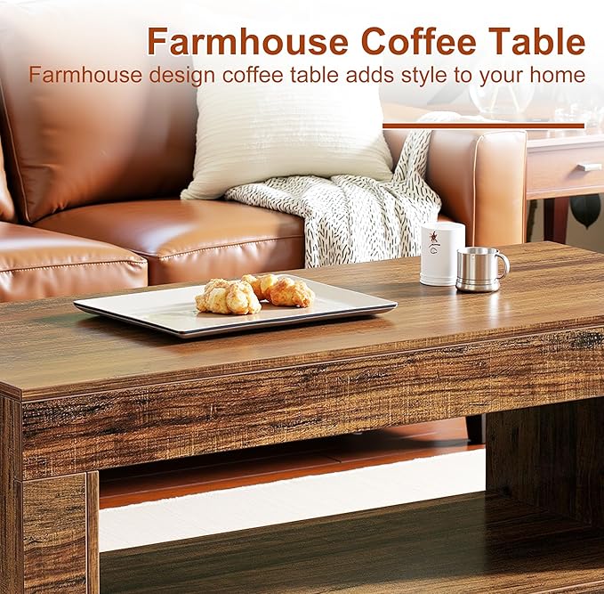 2-Tier Coffee Table with Storage Shelf, 43" Coffee Table for Living Room, Modern Wooden and Metal Accent Center Sofa Side Tables for Couch, Rustic Brown