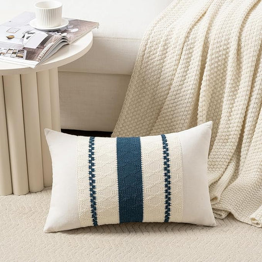 Fancy Homi Set of 2 Boho Teal Long Lumbar Decorative Throw Pillow Cover 12x24 Inch for Couch Bed Sofa Chair, Modern Organic Farmhouse Home Decor, Soft Cotton Cute Accent Rectangle Cushion Case