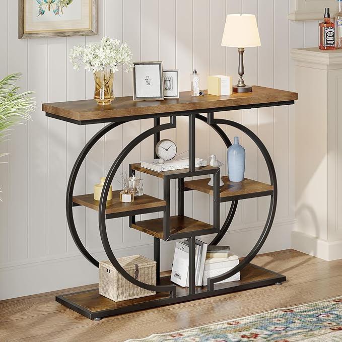 GiftGo Narrow Console Table for Entryway Industrial 4-Tier Sofa Table Behind Couch with Circle Base Rustic Wooden Accent Tables with Storage Shelves for Living Room, Hallway, Foyer (Brown)