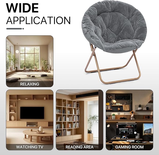 Athena Collection Comfy Saucer Chair Folding Cozy Chair for Bed Room Living Room Accent Chair Faux Fur Reading Chair Foldable Metal Frame Lazy Chair Moon Chair for Adult, Grey