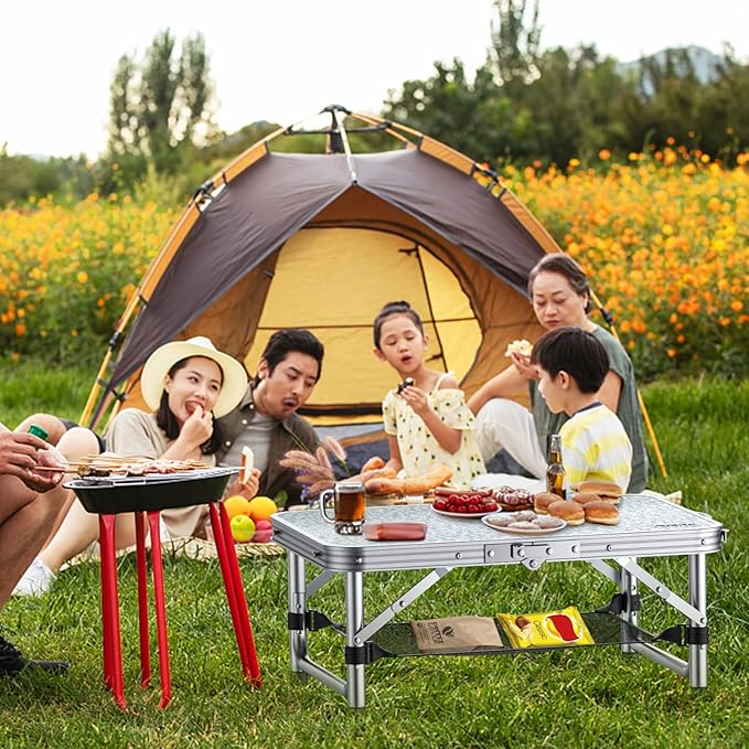 Anbte 2ft Camping Table Foldable, 3 Adjustable Heights 26.3" Aluminum Small Folding Table with Storage Net, Lightweight, Portable Handle for Travel Outdoor Beach Picnic, 23.2" x 16", Silver