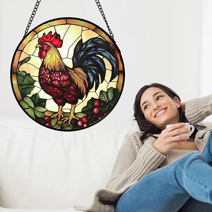 Stained Glass Window Hanging, Colorful Big Cock Sun Catcher for Window Door Home Decor, Chicken Suncatcher Christmas Mother's Day Birthday Gifts for Women Men Mom and Nana 11.8 in