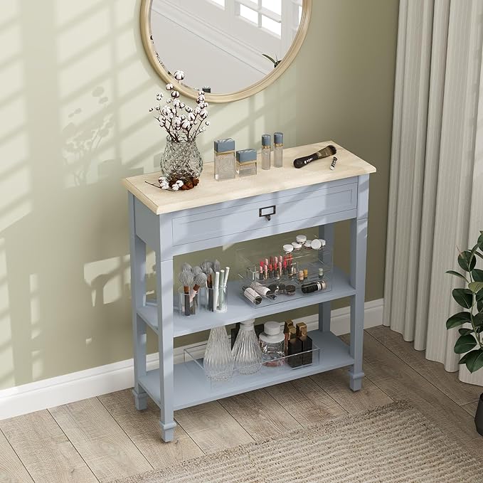 kinbor Skinny Console Table - Narrow Sofa Tables with Drawer and Storage Shelves for Front Door Entryway Hallway Living Room, Grey