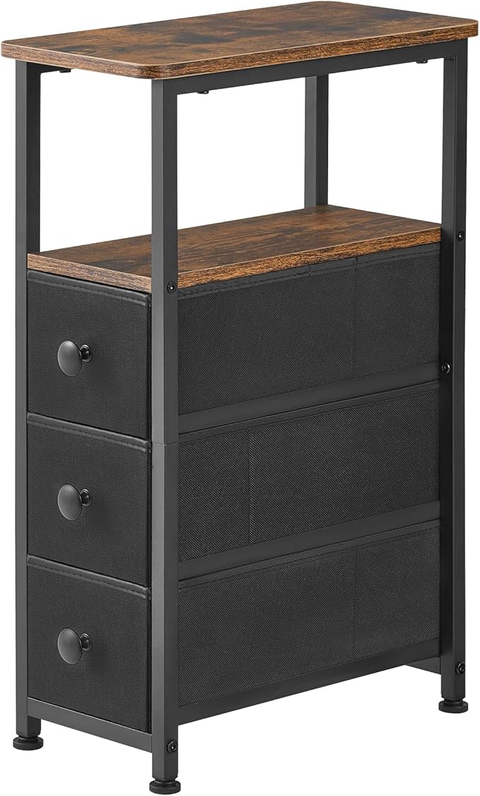 End Table, Narrow Side Table with 3 Fabric Drawers, Slim Nightstand, Small Bedside Table with Storage, Living Room, Bedroom, Rustic Brown HKET1300BR