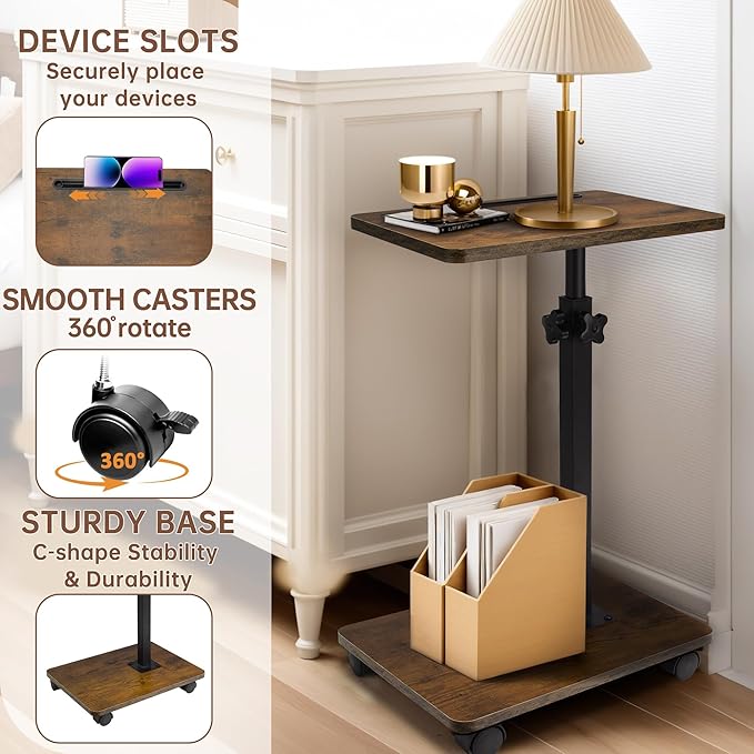Aoligrace C Table End Table Adjustable Height, 360°Swivel TV Tray Table with Wheels, Small Side Table for Couch C Shaped End Table for Living Room Bedroom Small Spaces (Rustic Brown)