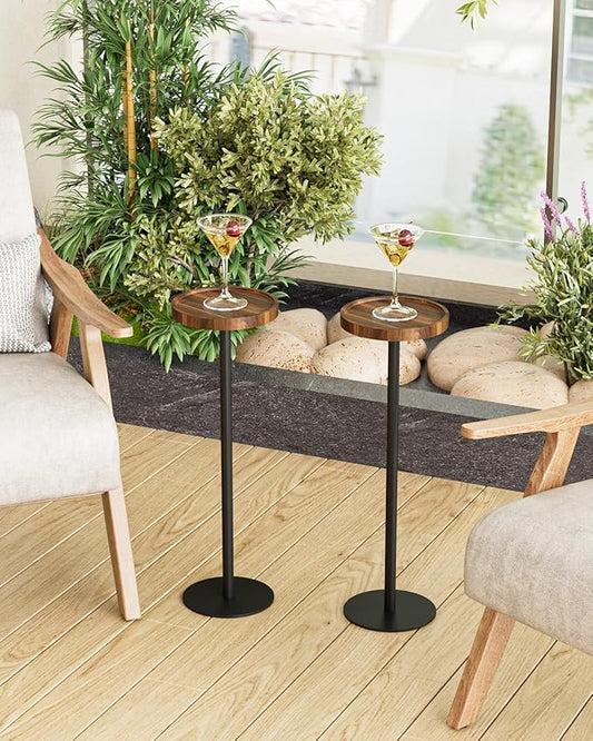 Drink Table, Small Pedestal Side Table, Round Cocktail Table, Circle Accent End Table with Metal Base, for Small Spaces (2, Brown Walnut)