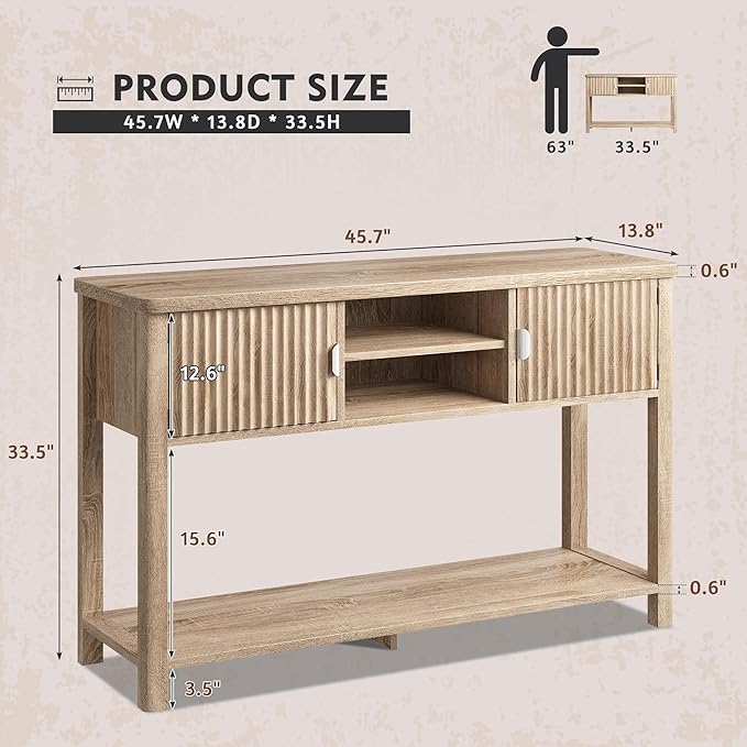 Fluted Console Table with 2 Door Cabinets, Modern Entryway Table with 3 Open Storage Shelves, Narrow Behind Couch Sofa Table for Living Room, Hallway, Foyer, 45.7" W×13.8" D×33.5" H, Oak