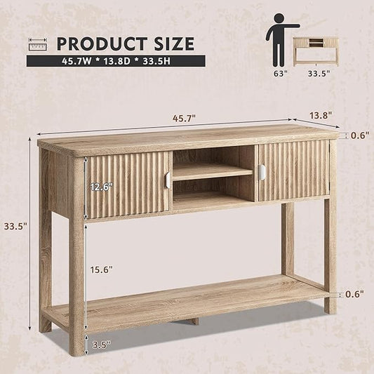 Fluted Console Table with 2 Door Cabinets, Modern Entryway Table with 3 Open Storage Shelves, Narrow Behind Couch Sofa Table for Living Room, Hallway, Foyer, 45.7" W×13.8" D×33.5" H, Oak