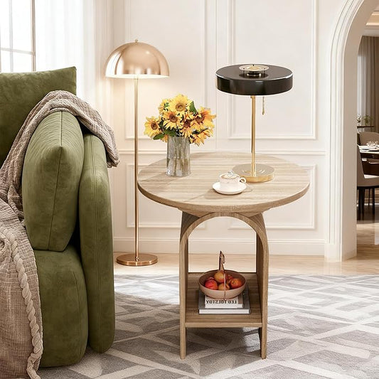 Modern Round Wooden Side Table Set of 2, Small Decorative Coffee Table Vintage Nightstand with Lower Open Shelf for Living Room, Bedroom Or Small Space, Natural X2