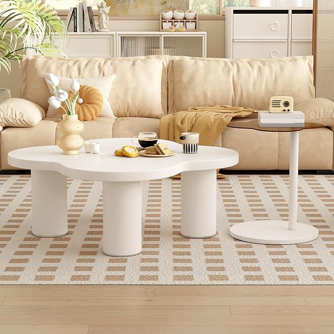 Modern Coffee Table Set of 2, Irregular Petal-Shaped Center Table with Roman Column Legs,Glass Top and Solid Surface,End Tables for Living Room, Easy Assembly Contemporary Home Decor,White