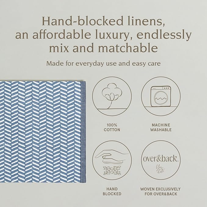 Over&Back Set of 4 Hand-Blocked Placemats - Colorful Dining Table Mat - Each Placemat is Unique - 100% Cotton - Machine Washable - Kitchen and Home Decor - Blue Herringbone