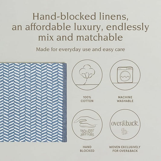 Over&Back Set of 4 Hand-Blocked Placemats - Colorful Dining Table Mat - Each Placemat is Unique - 100% Cotton - Machine Washable - Kitchen and Home Decor - Blue Herringbone