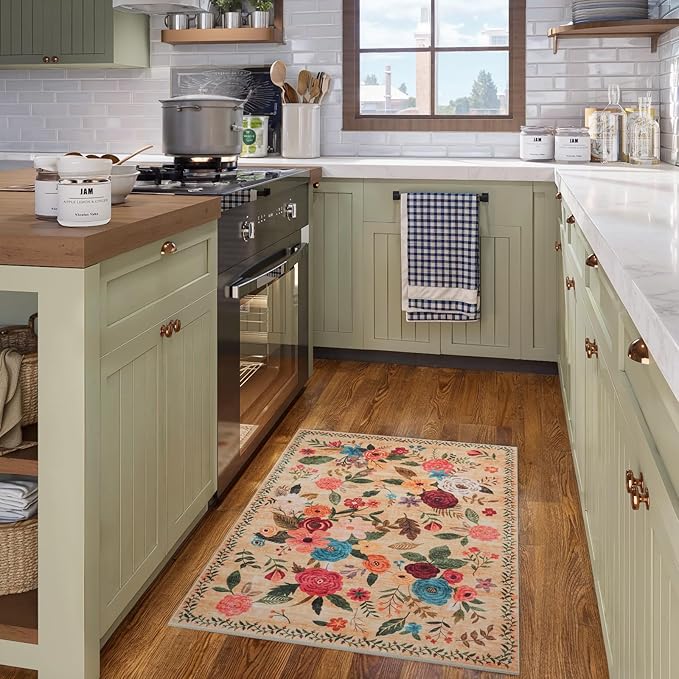 Floral Rug for Entryway, 2x3 Washable Kitchen Mat Ultra-Thin Soft, Non-Slip Indoor Door Carpet Stain Resistant Boho Small Low-Pile Throw for Bathroom Bedroom (2 x 3, Yellow Lawn)