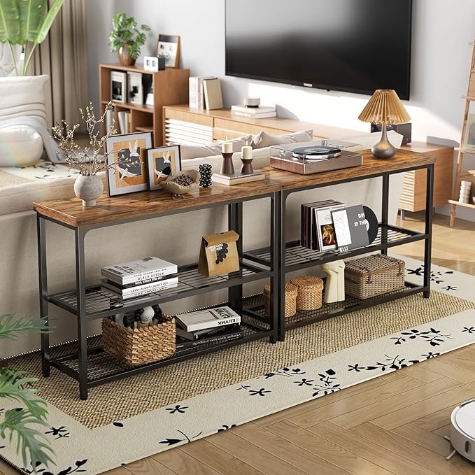 47" Console Table, 3-Tier Entryway Table, Sofa Table with Mesh Shelves, Console Tables for Living Room, Bedroom, Hallway, Entryway, Foyer, Rustic Brown