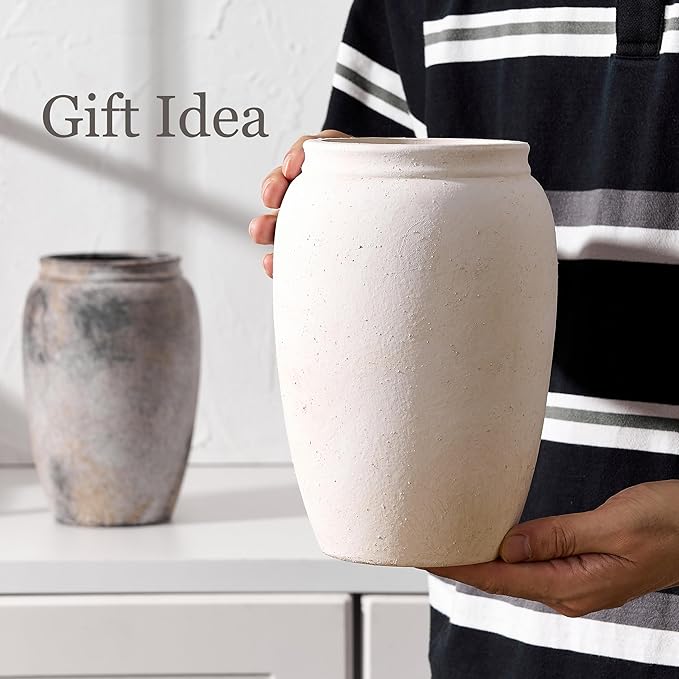 Ceramic Vase, 8.2 Inches Vintage Pottery White Vases, Rustic Home Decor, Farmhouse Terra Cotta Vase for Living Room, Entryway, Floor, Holiday Wedding Christmas New Year Gifts-Beige