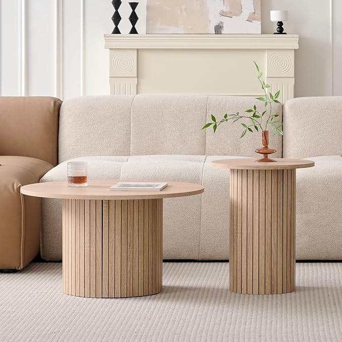 Round Nesting Coffee Tables Set of 2 -φ27.6 Large Short + φ15.8 Small Tall Boho Circle Side Tables with Fluted Drum Design, Natural
