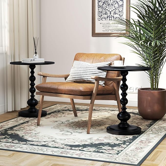 Metal Small End Table,Vintage Matte Black Round Side Table Nightstand for Bedside or Sofa,Small Accent Pedestal Table for Living Room Corners Bedroom Patio and bar (Matte Black)