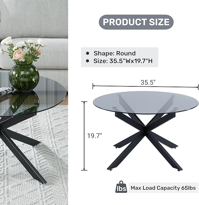 Round Glass Coffee Tables for Living Room, Home Office, Modern & Simple Center Table with Gray Tempered Glass Top, 35.5" Wx19.7 H Black