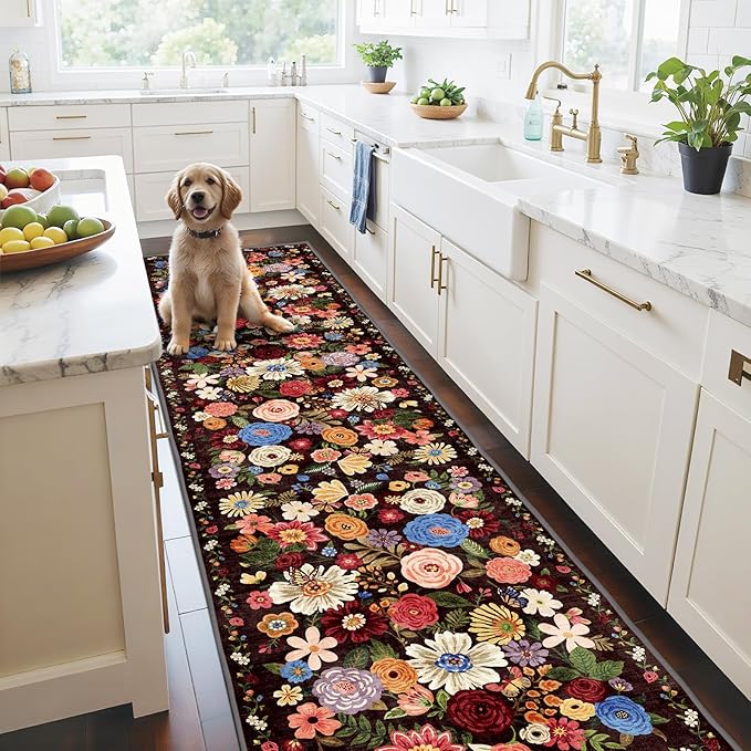 Floral Hallway Runner Black Carpet Non-Slip, 2x10 Washable Rug Ultra-Thin Soft for Hallways, Kitchen Mat Stain Resistant for Entryway Bathroom (2 x 10, Black Garden)