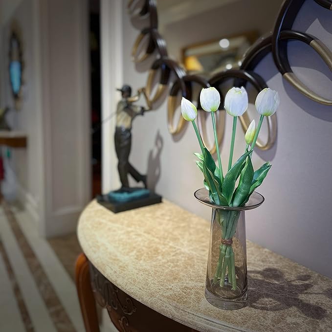 16-inch Premium Real Touch Fake Tulips, Artificial Flowers with Buds, Flexible Stem Easy to Shape, Faux Tulips (Vase not Included), 5-Pack Set of Peppermint White