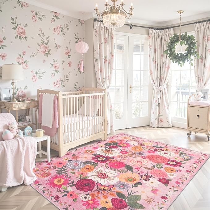 Pink Area Rug 4x6 Rug Washable Boho Rugs Non Slip Low Pile Floral Small Carpet for Bedroom, Bedside, Kids Room, Office, Dining Room(4 x 6, Pink Garden)
