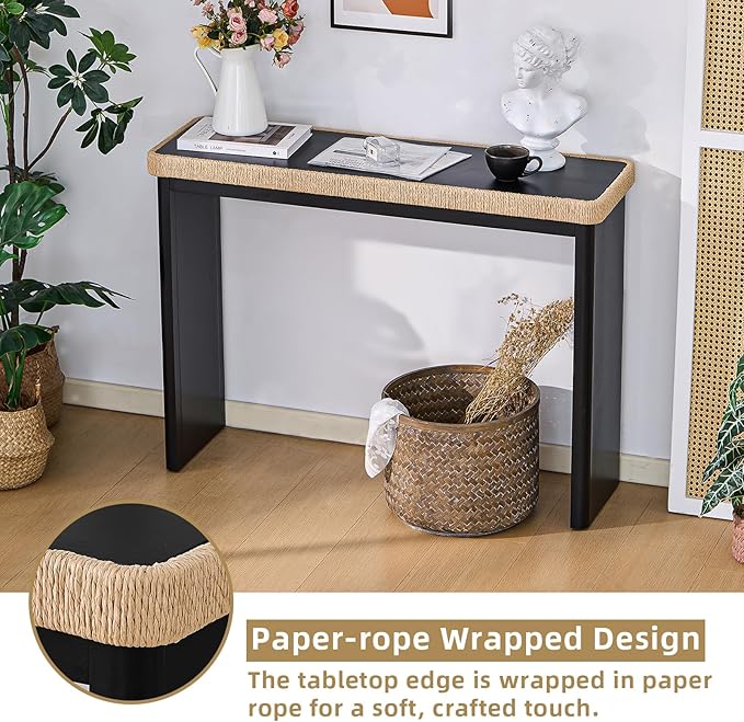 43" Wood Console Table for Entryway, Farmhouse Narrow Entry Tables with Rattan Decor, Boho Skinny Couch Table Behind Sofa for Living Room, Hallway, Foyer, Black