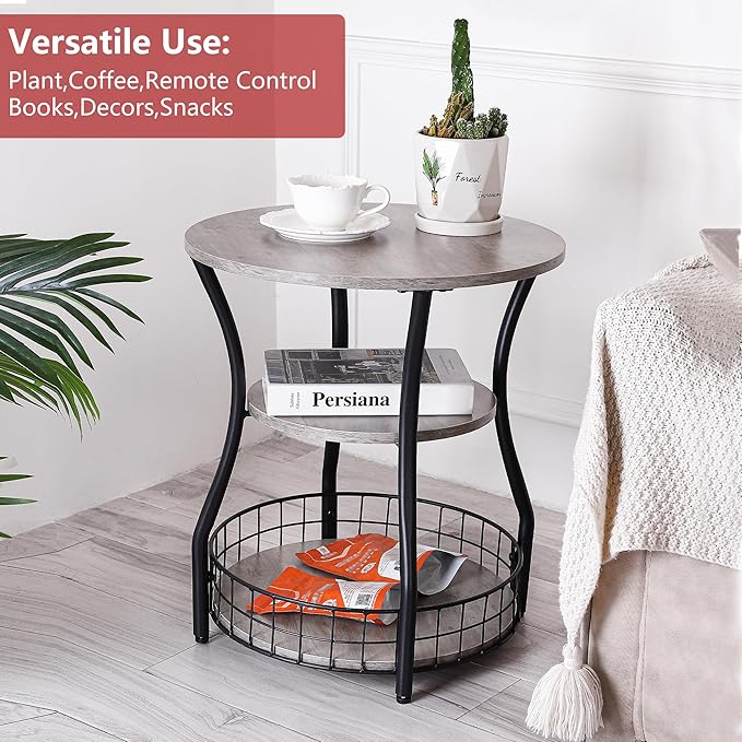 Small Side Table Round End Table with Storage Shelves Basket, 3-Tier Accent Corner Sofa Couch Side Tables Coffee Drink Table for Small Spaces,Round Nightstand for Living Room, Bedroom, Greige