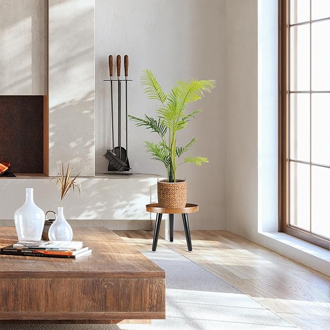 Indoor Plant Stand,Wood Mid Century Plant Table in Walnut Finish,Tall Plant Stand for Flower Pot,Modern Round Small Side End Table with Raised Design (Walnut, 12"x10.8")