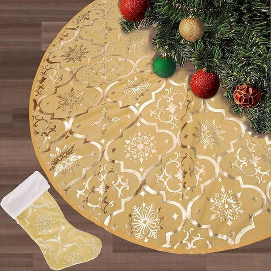 Flash World 36 Inch Large Christmas Tree Skirt Xmas Soft Cover Mat Decor Snowflake Collar Farmhouse Tree Skirt for Holiday Ornaments Party Home Indoor Decorations (Yellow, 48INCH)