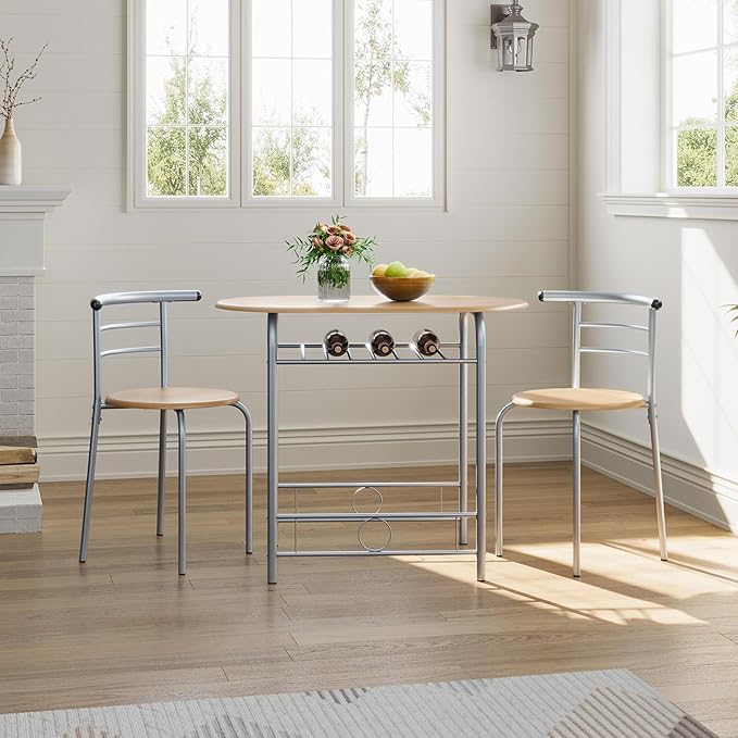 Yaheetech 3 Piece Dining Table Set, Kitchen Table & Chair Sets for 2, Compact Bistro Table Set with Steel Legs, Built-in Wine Rack for Small Space, Apartment, Breakfast Nook, Natural