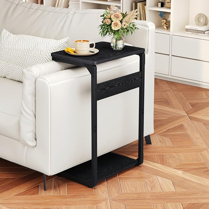 C-Shaped End Table, Small Side Table for Couch, Sofa TV Tray Table for Living Room, Bedroom, Bedside ET-YB-BKW1
