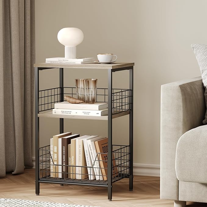 X-cosrack Side Table, Small End Table Record Player Stand with Storage, Vinyl Record Storage Night Stand for Living Room, Bedroom,Office(Patent Pending)(Greige & Black)