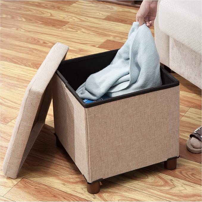 15 Inch Storage Ottoman with Wooden Legs - Cube Foot Rest Stool, Square Footstool, Comfortable Seat with Lid, Foldable Fabric Ottoman, Space-Saving Beige