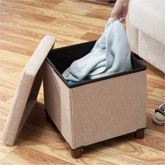 15 Inch Storage Ottoman with Wooden Legs - Cube Foot Rest Stool, Square Footstool, Comfortable Seat with Lid, Foldable Fabric Ottoman, Space-Saving Beige