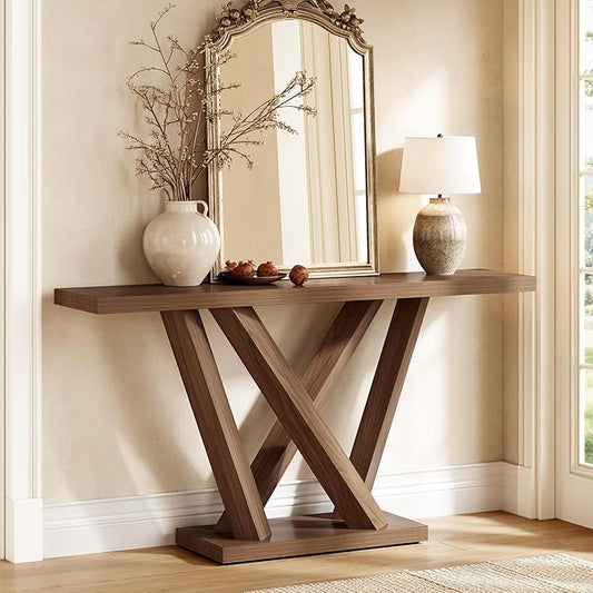 LITTLE TREE 63-Inch Console Table with Geometric Base, Modern Long Narrow Accent Sofa Table Behind The Couch, Wood Entryway Table for Hallway, Foyer, Living Room, Dark Brown