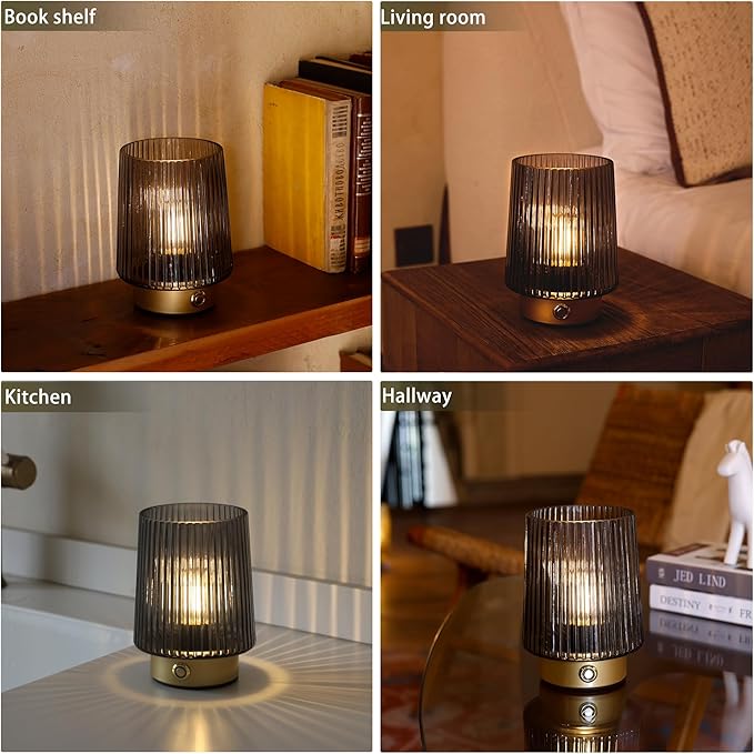 Cordless Lamp Rechargeable Battery Operated lamp, Glass Small Table lamp - Portable Dimmable Brightness Touch Wireless Bedside Lamp for Bedroom Kitchen Dining Home Living Room Decor Grey