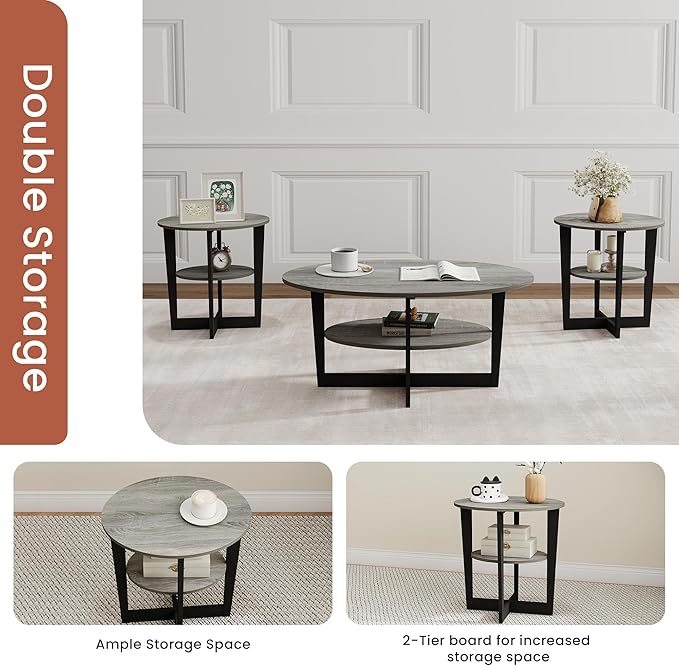 Small End Table Set of 2, Round Side Tables with 2-Tier Open Storage, Coffee Table for Living Room, Apartment, Home Office, Small Spaces, Grey
