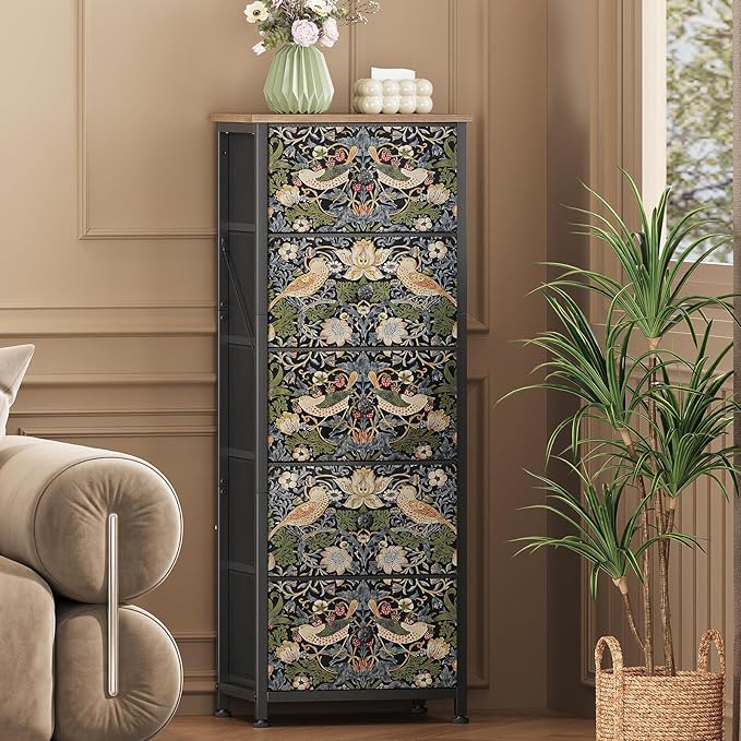 Dresser with 5 Fabric Drawers Strawberry Thief Drawer Dresser for Bedroom Vintage Nightstand Dressers & Chests of Drawer for Halfway Entryway Living Room Sturdy Steel Frame Wood Top, Brown