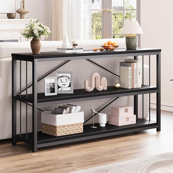 LVB Black Console Table, Modern Entryway Table for Hallway Living Room, Industrial Sofa Table Behind Couch, Farmhouse Wooden Metal Entry Table for Foyer with 3-Tier Storage Shelves, Black Oak, 55 Inch