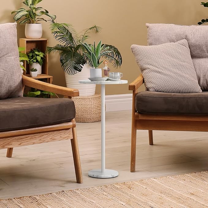 Round End Table with Marble Base Drink Tables for Small Spaces Pedestal Table Small Round Side Table for Sofa Couch Chair Patio, White