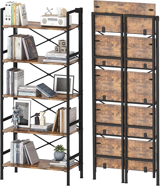 Folding Bookshelf,5 Tier Bookcase Foldable Shelf with X-Bracket Design, Adjustable Feet, Space Saving Storage for Living Room, Office, Rustic Brown