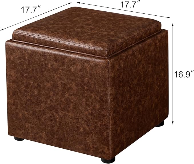 Adeco 17" Storage Ottoman Cube with Tray Lid, Small Footstool with Storage, Square End Table for Living Room & Bedroom