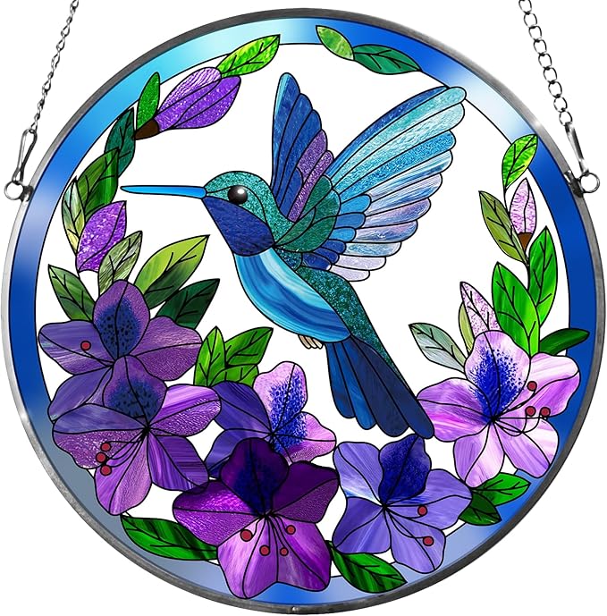 Stained Glass Sun Cather for Window Hanging, 6.3'' Hummingbird Suncatcher with Flowers for Indoor Ornament, Bird Stain Glass Home Decor for Women, Mother