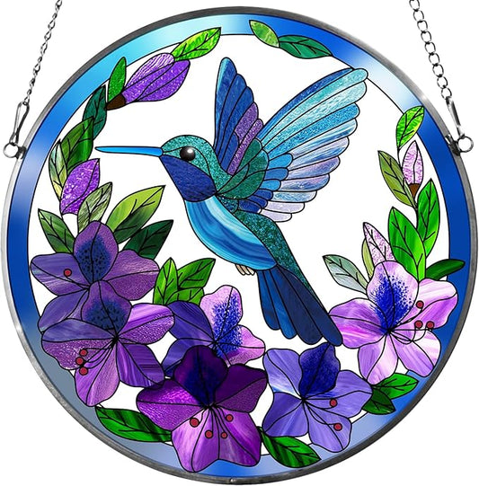 Stained Glass Sun Cather for Window Hanging, 6.3'' Hummingbird Suncatcher with Flowers for Indoor Ornament, Bird Stain Glass Home Decor for Women, Mother
