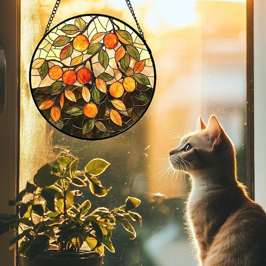 Stained Glass Suncatcher, Orange Green Fruit Tree Sun Catcher Landscape Stain Glass Window Hanging Decoration Mother's Day Birthday Gifts for Women Men Mom Nana 9.8 in
