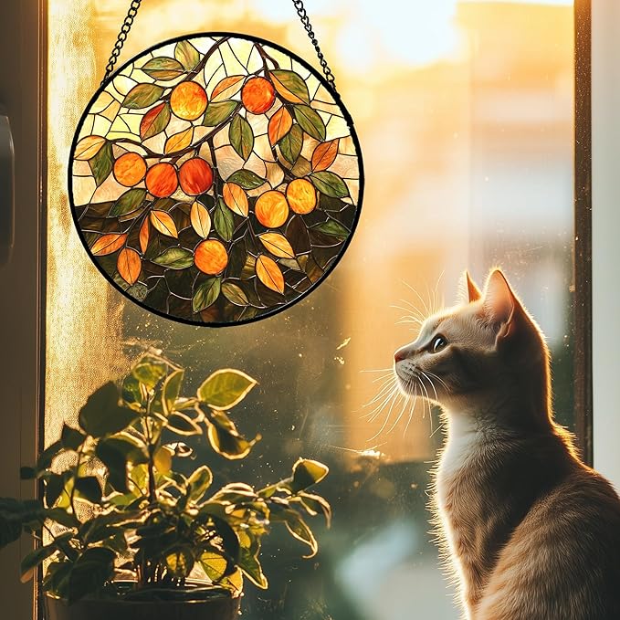 Stained Glass Suncatcher, Orange Green Fruit Tree Sun Catcher Landscape Stain Glass Window Hanging Decoration Mother's Day Birthday Gifts for Women Men Mom Nana 11.8 in