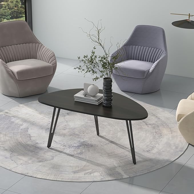 Manora Modern Simple Wood Coffee Table with Black Metal Legs, Oval Tea Table for Living Room or Office, Compact Center Table for Small Space, Dark Brown