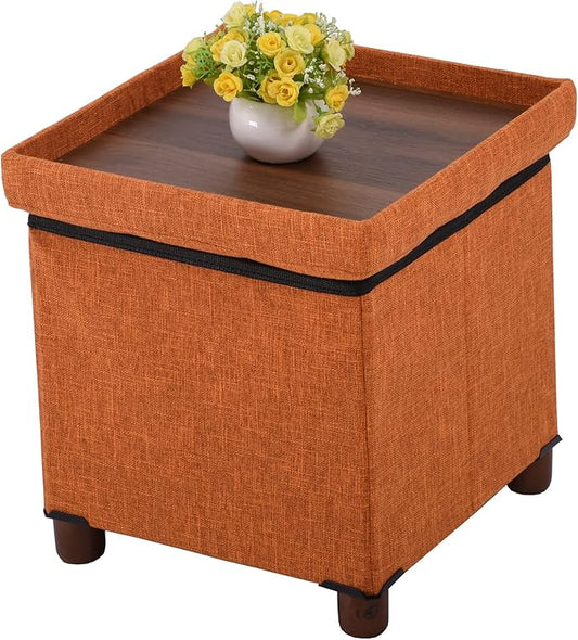 15 Inch Storage Ottoman with Wooden Legs - Cube Foot Rest Stool, Square Footstool, Comfortable Seat with Lid, Foldable Fabric Ottoman, Space-Saving Orange